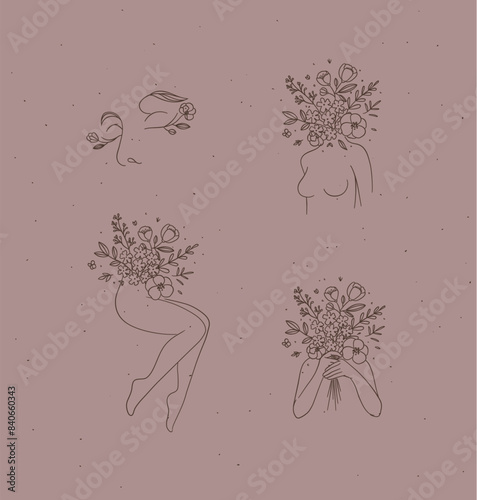 Obraz na płótnie Beauty floral woman modern icons face bust legs hands with flowers drawing in linear style on light brown background w salonie