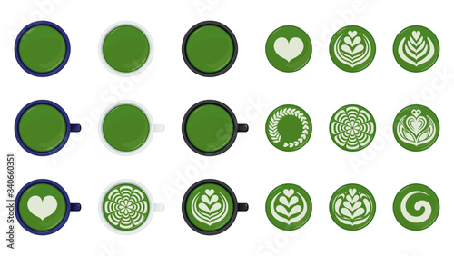 真上から見た抹茶ラテアートのイラスト素材セット