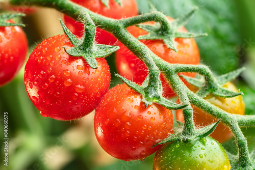 Cherry tomatoes covered with water drops on tomato plant close up. photo