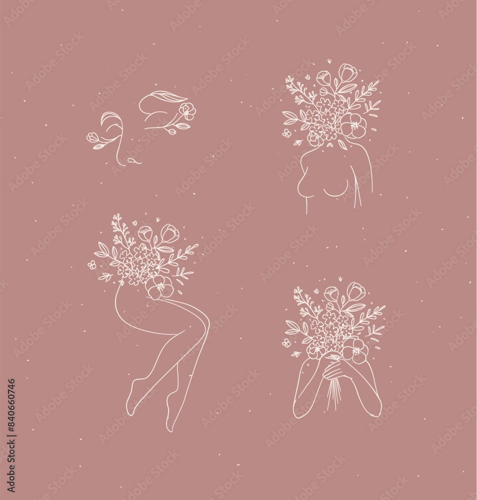 Beauty floral woman modern icons face bust legs hands with flowers drawing in linear style with white on coral background