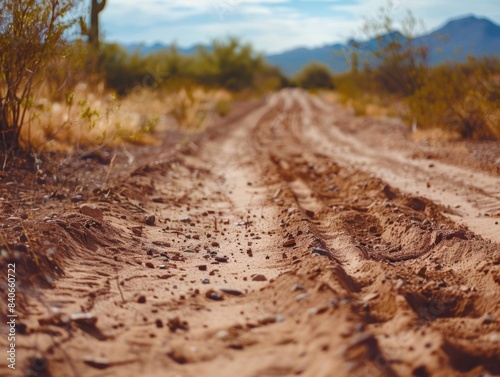 A dirt road stretches across the desert landscape