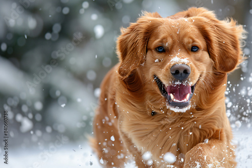 Golden retriever running through the snow. Energetic dog in a winter landscape. Pet and seasonal activity concept