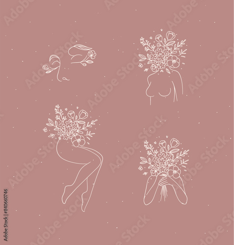 Obraz na płótnie Beauty floral woman modern icons face bust legs hands with flowers drawing in linear style with white on coral background w salonie