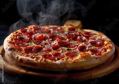 Delicious Pepperoni Pizza, Hot and Fresh Pizza, Slice of Pepperoni, Baked Cheese and Pepperoni, On a Wooden Plate, Steaming Hot Pizza
