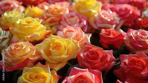 Vibrant Colorful Roses  Exquisite Blooms Glowing  Fresh Yellow Pink Red Orange Roses  Lush Rose Garden  Dew Covered Petals