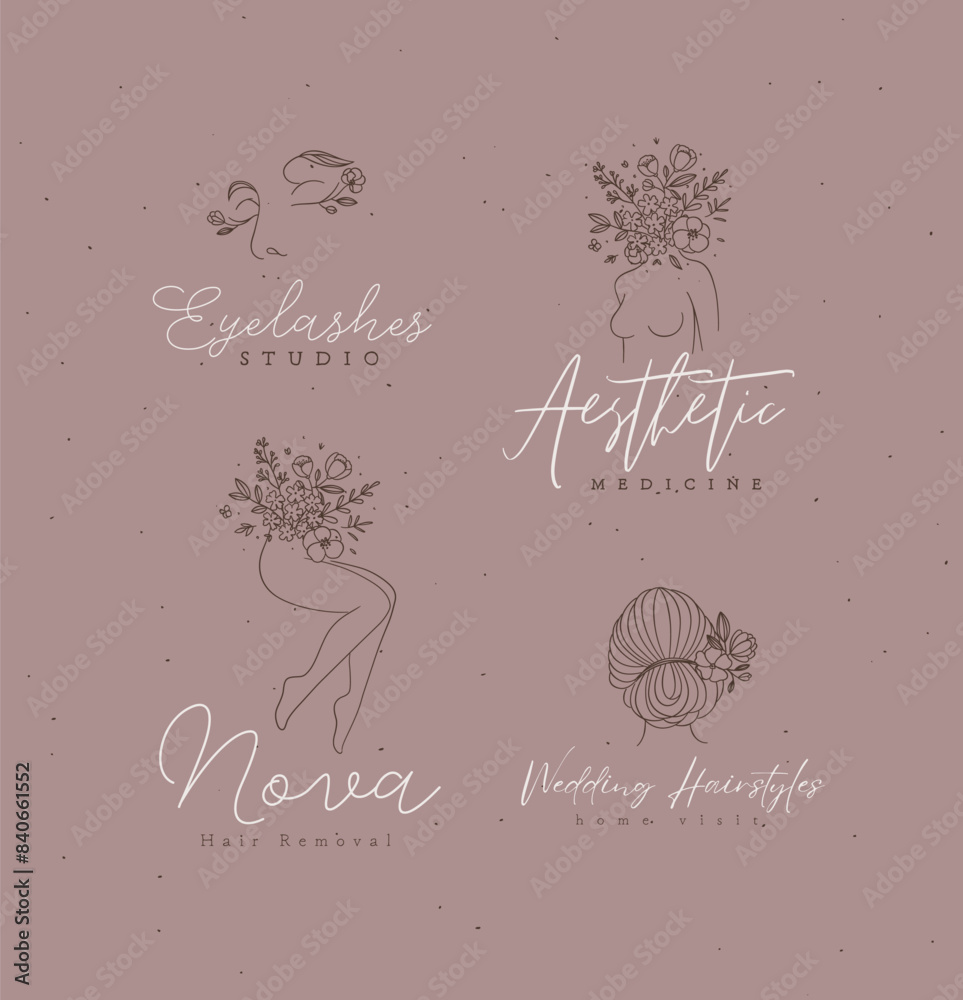 Beauty floral woman modern labels face bust legs head with flowers lettering eyelashes studio, aesthetic medicine, hair removal, wedding hairstyles drawing in linear style on light brown background