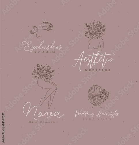 Obraz na płótnie Beauty floral woman modern labels face bust legs head with flowers lettering eyelashes studio, aesthetic medicine, hair removal, wedding hairstyles drawing in linear style on light brown background w salonie
