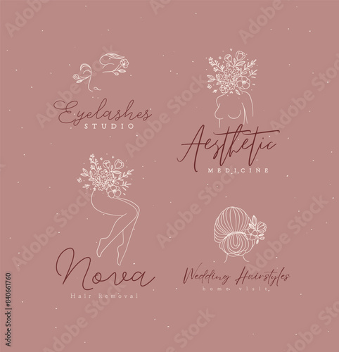 Obraz na płótnie Beauty floral woman modern labels face bust legs head with flowers lettering eyelashes studio, aesthetic medicine, hair removal, wedding hairstyles drawing in linear style on coral background w salonie