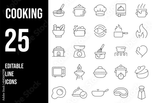 Cooking Line Editable Icons set. Vector illustration in thin line modern style of cooking process, main ingredients and kitchen utensils icons