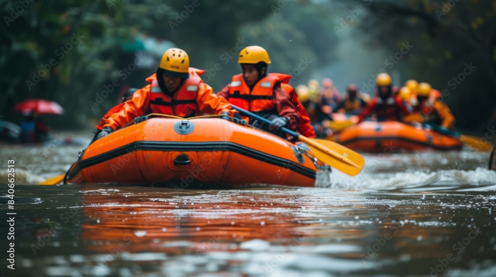 Rescue team paddling through floodwaters in a rubber boat, showcasing ...