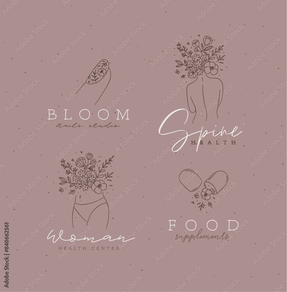 Beauty floral woman modern signs finger back belly pill with lettering nails studio spine health food supplements drawing in linear style on light brown background