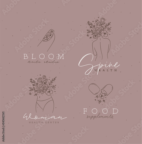 Obraz na płótnie Beauty floral woman modern signs finger back belly pill with lettering nails studio spine health food supplements drawing in linear style on light brown background w salonie