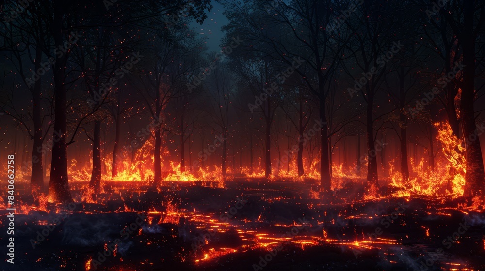 Nighttime forest fire with glowing embers, creating a haunting and eerie atmosphere. Ideal for environmental and disaster themes. Nighttime forest fire with glowing embers, creating a haunting and eerie atmosphere. Ideal for environmental and disaster themes.