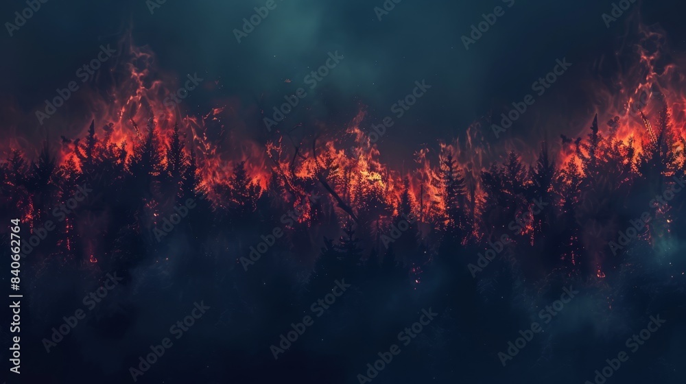 Nighttime forest fire with glowing embers, creating a haunting and eerie atmosphere. Ideal for environmental and disaster themes.
