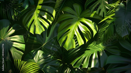 A tropical scene with large  lush green palm leaves casting dramatic shadows  evoking a sense of exotic beauty and relaxation