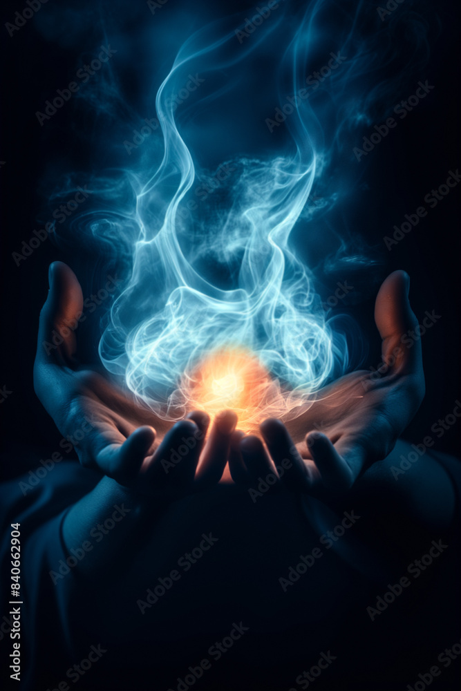Blue Glowing fantasy hand concept. Ethereal magical fantasy wisps of magical glowing neon smoke set against a black background. Wizardry. Glowing palm of a hand. Surreal energy glow. Blue Glowing fantasy hand concept. Ethereal magical fantasy wisps of magical glowing neon smoke set against a black background. Wizardry. Glowing palm of a hand. Surreal energy glow.