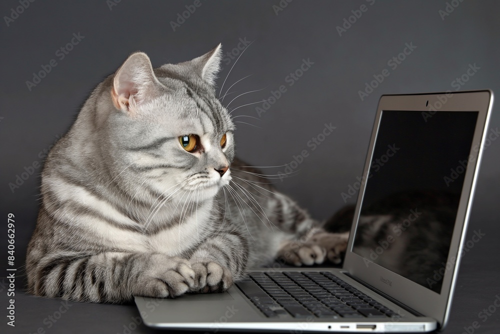 A beautiful cat lounges on a table next to a laptop computer, seemingly engaged in home office work, captured in a detailed and adorable closeup portrait. A beautiful cat lounges on a table next to a laptop computer, seemingly engaged in home office work, captured in a detailed and adorable closeup portrait.