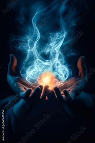 Blue Glowing fantasy hand concept. Ethereal magical fantasy wisps of magical glowing neon smoke set against a black background. Wizardry. Glowing palm of a hand. Surreal energy glow. 