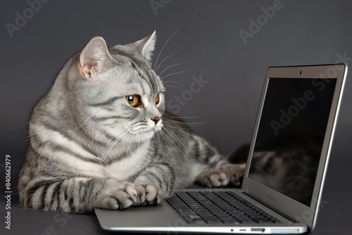 A beautiful cat lounges on a table next to a laptop computer, seemingly engaged in home office work, captured in a detailed and adorable closeup portrait. © Mark G
