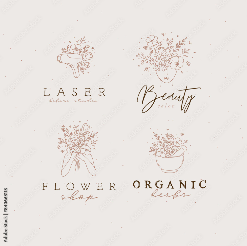 Beauty floral woman modern symbols head hands kitchen mortar with flowers and lettering bikini studio flower shop organic herbs drawing in linear style on light background