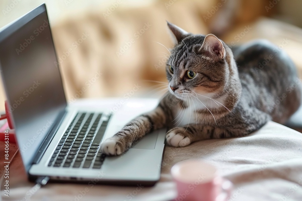 A beautiful cat lounges on a table next to a laptop computer, seemingly engaged in home office work, captured in a detailed and adorable closeup portrait. A beautiful cat lounges on a table next to a laptop computer, seemingly engaged in home office work, captured in a detailed and adorable closeup portrait.
