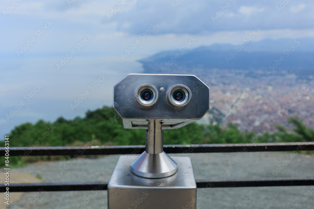 Observation deck and binoculars for viewing the sea and the city of Istanbul in a public place Observation deck and binoculars for viewing the sea and the city of Istanbul in a public place