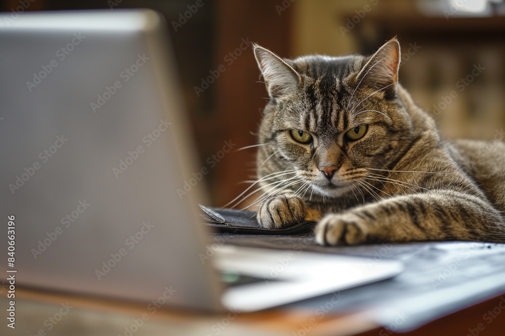 A beautiful cat lounges on a table next to a laptop computer, seemingly engaged in home office work, captured in a detailed and adorable closeup portrait. A beautiful cat lounges on a table next to a laptop computer, seemingly engaged in home office work, captured in a detailed and adorable closeup portrait.