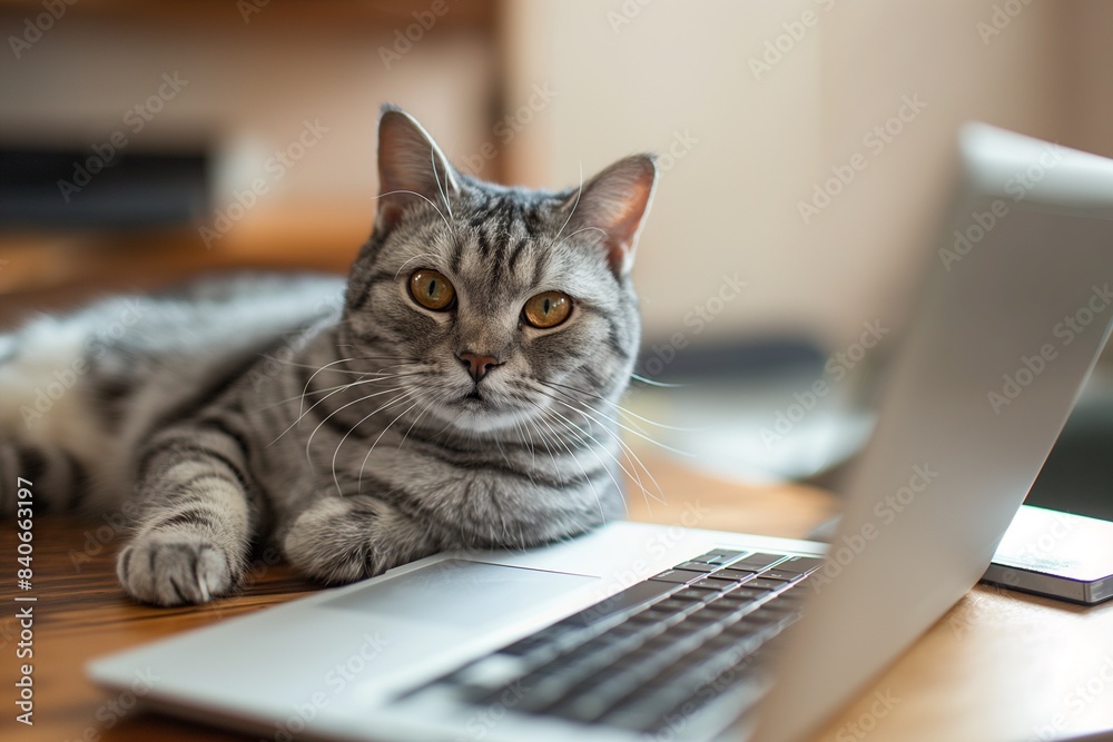 A beautiful cat lounges on a table next to a laptop computer, seemingly engaged in home office work, captured in a detailed and adorable closeup portrait. A beautiful cat lounges on a table next to a laptop computer, seemingly engaged in home office work, captured in a detailed and adorable closeup portrait.