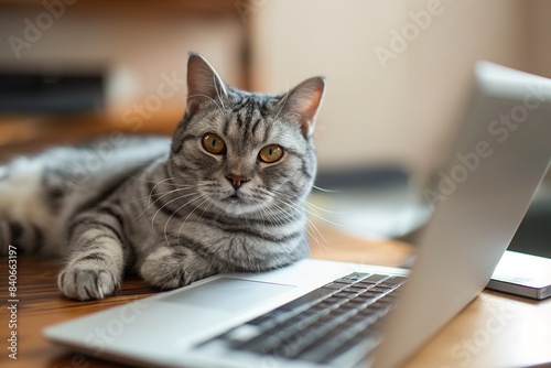A beautiful cat lounges on a table next to a laptop computer, seemingly engaged in home office work, captured in a detailed and adorable closeup portrait.