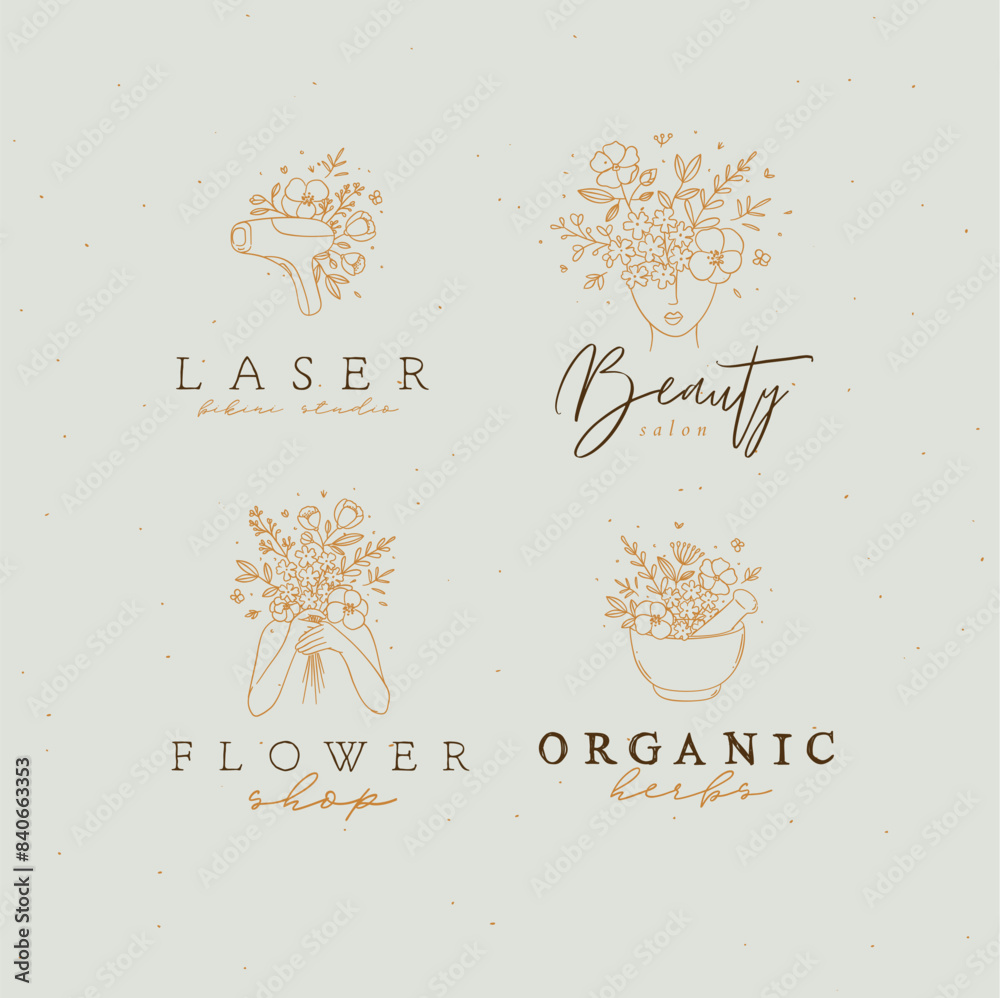 Beauty floral woman modern symbols head hands kitchen mortar with flowers and lettering bikini studio flower shop organic herbs drawing in linear style on light brown background.