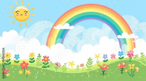Bright cartoon landscape with a rainbow, sun, and flowers in a green meadow under a blue sky. Children's illustration and cheerful scene concept.