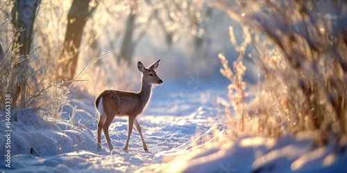 A solitary deer stands in the midst of a winter wonderland, surrounded by snow-covered trees