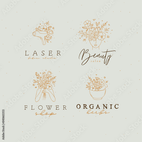 Obraz na płótnie Beauty floral woman modern symbols head hands kitchen mortar with flowers and lettering bikini studio flower shop organic herbs drawing in linear style on light brown background. w salonie
