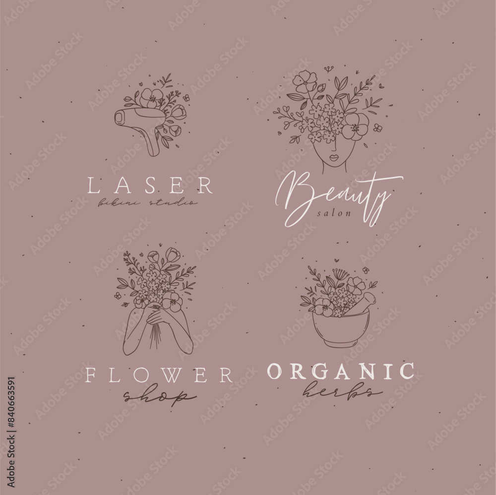Beauty floral woman modern symbols head hands kitchen mortar with flowers and lettering bikini studio flower shop organic herbs drawing in linear style on light brown background.