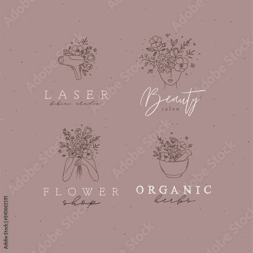 Obraz na płótnie Beauty floral woman modern symbols head hands kitchen mortar with flowers and lettering bikini studio flower shop organic herbs drawing in linear style on light brown background. w salonie