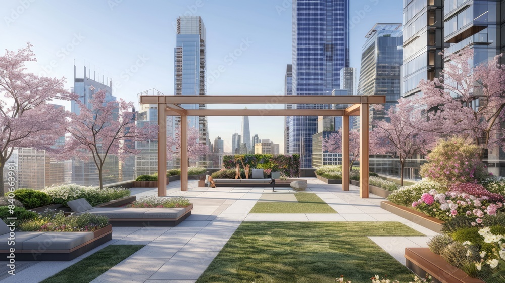 Modern rooftop garden with city skyline views, comfortable lounge areas, and lush greenery surrounded by skyscrapers with clear blue sky. Modern rooftop garden with city skyline views, comfortable lounge areas, and lush greenery surrounded by skyscrapers with clear blue sky.