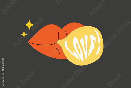 Vector set of LGBTQ community symbols. Supporting love freedom. Retro flat illustration. Red retro lips with yellow bubble gum and the inscription Love on a black background. Retro red lip sticker