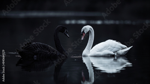 Fototapeta Naklejka Na Ścianę i Meble -  Black and white swans gracefully swimming together in a dark lake.