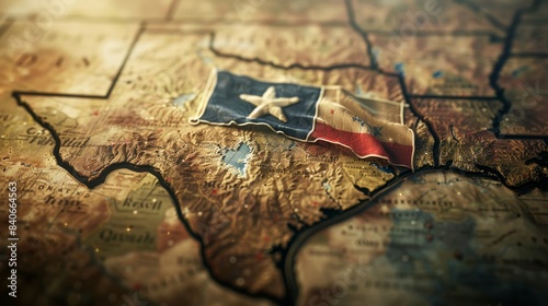 Vintage Texas map with a prominent Texas flag overlay. Warm tones highlight geographical details and evoke a sense of history and pride.