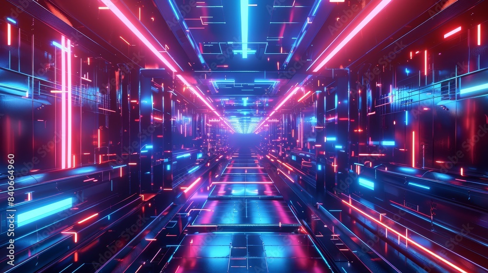 A vibrant futuristic corridor illuminated with neon lights, showcasing a high-tech, sci-fi environment in red and blue hues. A vibrant futuristic corridor illuminated with neon lights, showcasing a high-tech, sci-fi environment in red and blue hues.