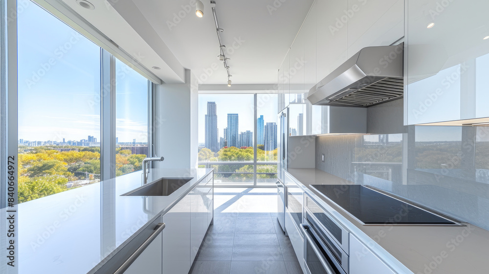 Fototapeta premium Modern Simplicity: White Kitchen with a Touch of Skyline Glamour