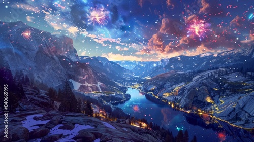 Stunning fantasy landscape with a starry sky, mountains, and river below, glowing with colorful lights in a magical night setting.