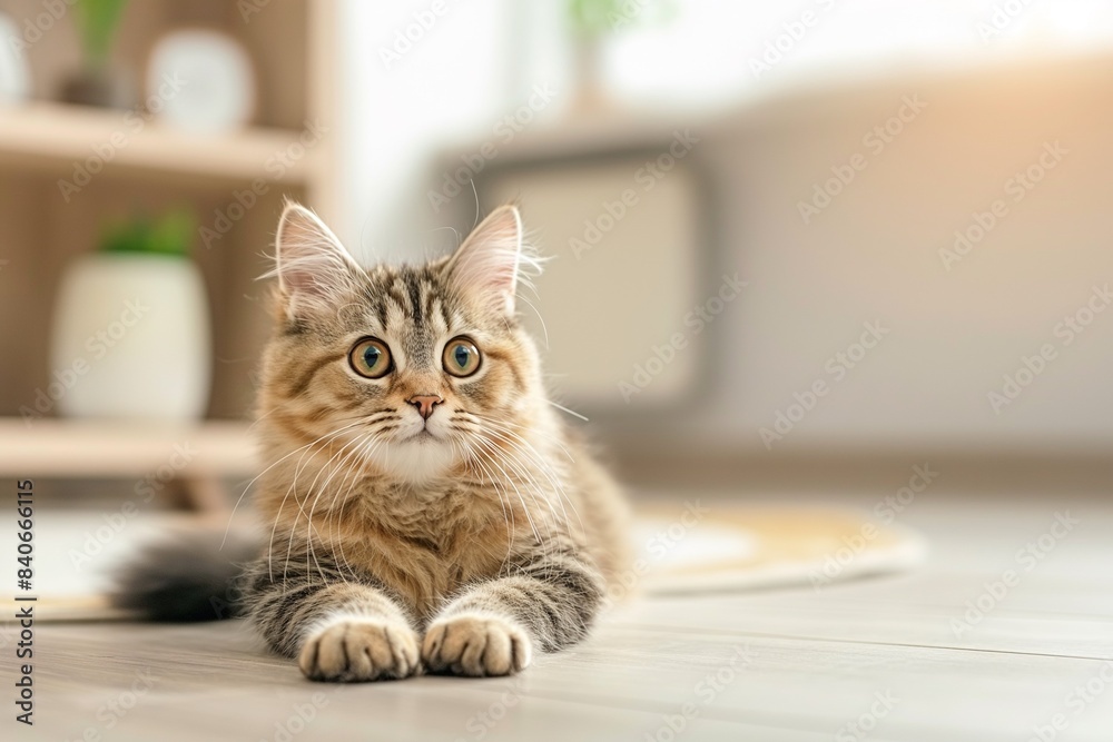 A photo of a beautiful cat lying on the floor, looking at the camera, with a blurred background. Space for copy. A photo of a beautiful cat lying on the floor, looking at the camera, with a blurred background. Space for copy.