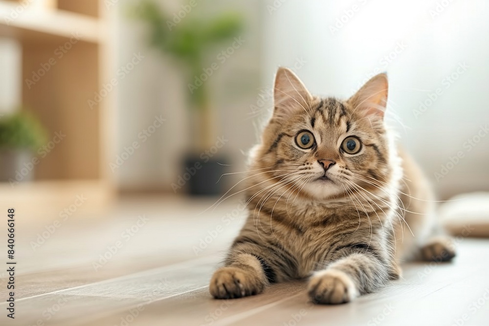 A photo of a beautiful cat lying on the floor, looking at the camera, with a blurred background. Space for copy. A photo of a beautiful cat lying on the floor, looking at the camera, with a blurred background. Space for copy.