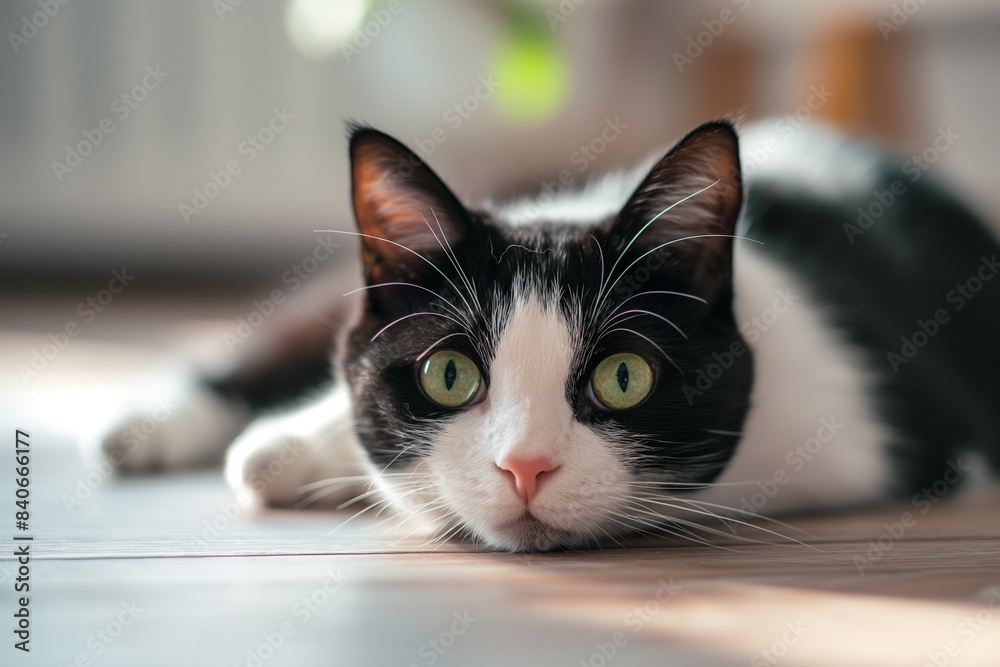 A photo of a beautiful cat lying on the floor, looking at the camera, with a blurred background. Space for copy. A photo of a beautiful cat lying on the floor, looking at the camera, with a blurred background. Space for copy.