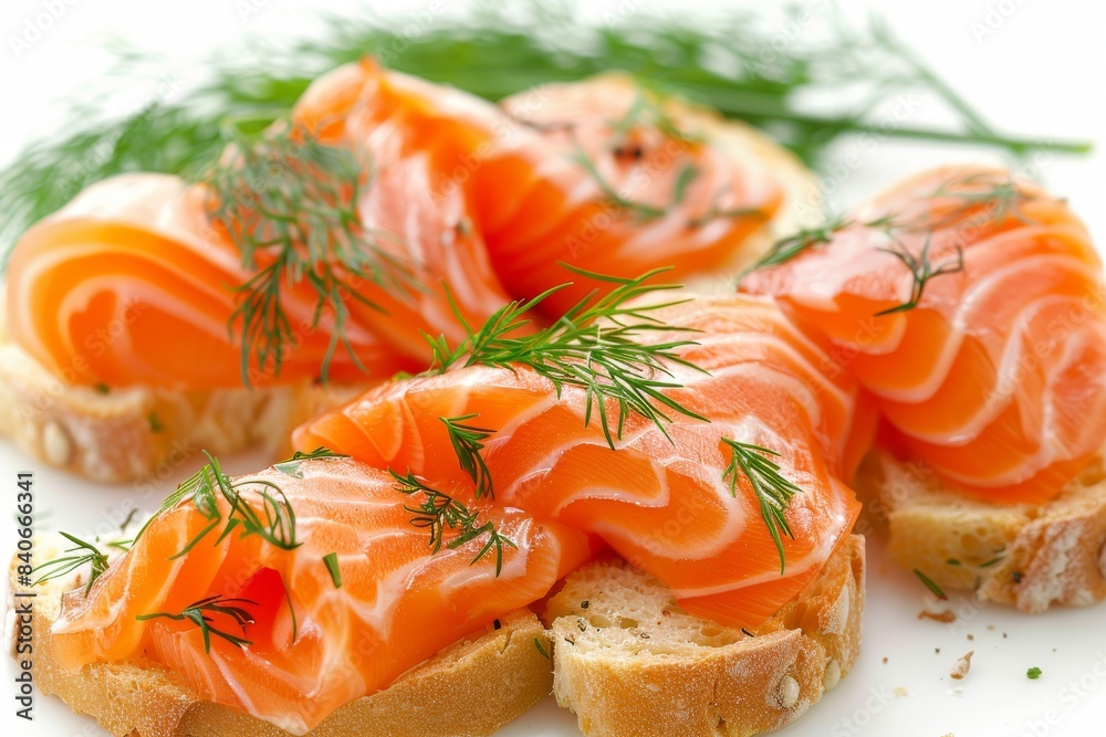 Fresh salmon sashimi with dill and lemon, beautifully arranged and vibrant, food photography