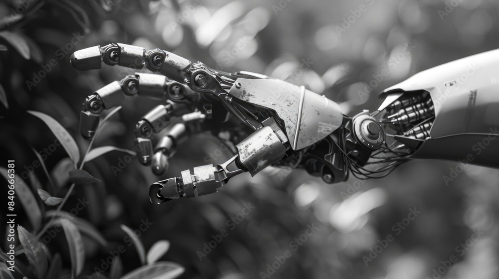 A close-up of a robotic hand in black and white A close-up of a robotic hand in black and white