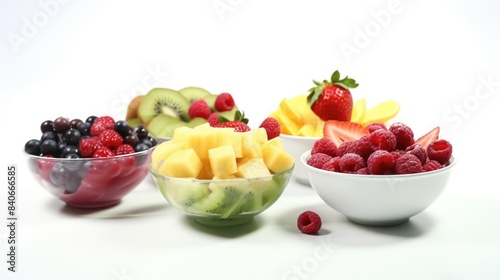 A colorful arrangement of various fruits in bowls on a table  perfect for still life photography or marketing materials
