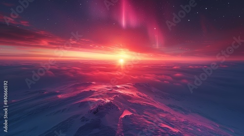 A stunning landscape showcasing a vibrant arctic sunrise, with radiant light piercing through the cold winter sky and illuminating the snowy terrain. photo