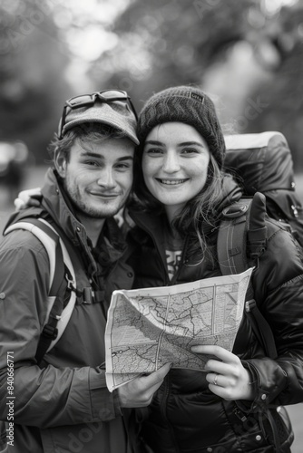 A black and white photo of a couple holding a map, suggesting adventure or travel